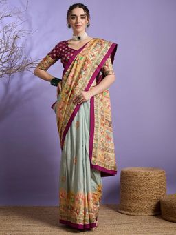 Akhilam - Wine Printed Silk Saree with Unstitched Blouse