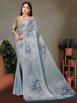 Akhilam - Grey Printed Georgette Saree with Unstitched Blouse