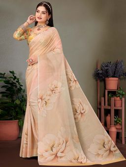 Akhilam - Cream Printed Georgette Saree with Unstitched Blouse