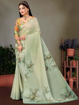 Akhilam - Green Printed Georgette Saree with Unstitched Blouse