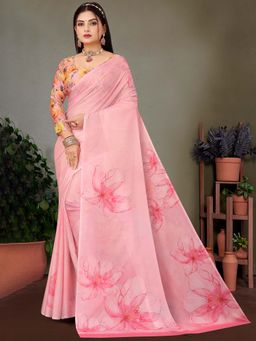 Akhilam - Pink Printed Georgette Saree with Unstitched Blouse