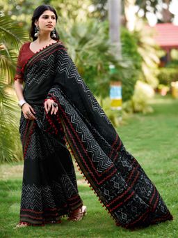 Akhilam - Black Printed Cotton Saree with Unstitched Blouse