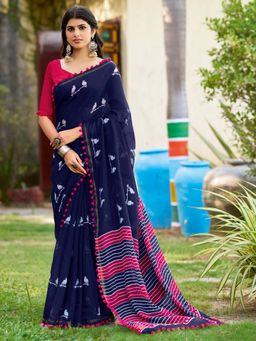 Akhilam - Navy Blue Printed Cotton Saree with Unstitched Blouse