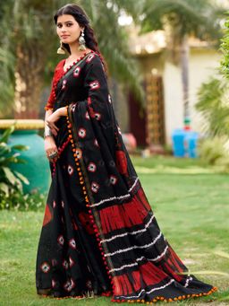 Akhilam - Black Printed Cotton Saree with Unstitched Blouse