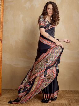 Akhilam - Black Printed Satin Saree with Unstitched Blouse