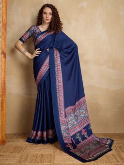Akhilam - Navy Blue Printed Satin Saree with Unstitched Blouse