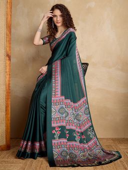 Akhilam - Green Printed Satin Saree with Unstitched Blouse