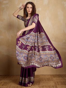 Akhilam - Purple Printed Satin Saree with Unstitched Blouse