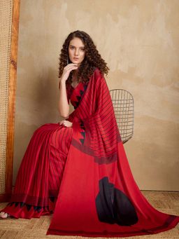 Akhilam - Red Printed Satin Saree with Unstitched Blouse