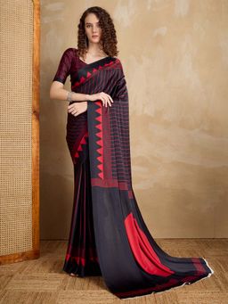 Akhilam - Black Printed Satin Saree with Unstitched Blouse