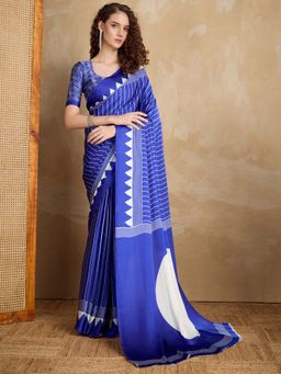 Akhilam - Navy Blue Printed Satin Saree with Unstitched Blouse