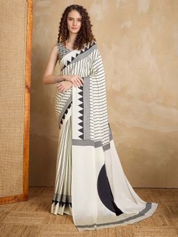 Akhilam - Cream Printed Satin Saree with Unstitched Blouse