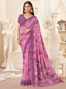 Akhilam - Pink Printed Georgette Saree with Unstitched Blouse