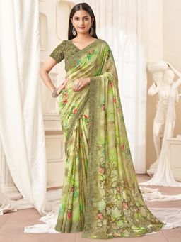 Akhilam - Green Printed Georgette Saree with Unstitched Blouse