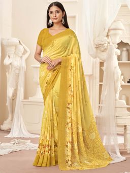 Akhilam - Yellow Printed Georgette Saree with Unstitched Blouse