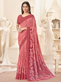 Akhilam - Pink Printed Georgette Saree with Unstitched Blouse