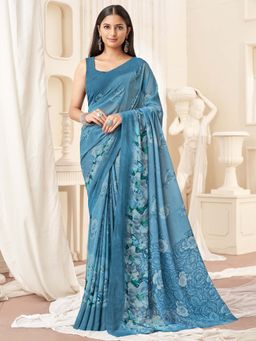 Akhilam - Blue Printed Georgette Saree with Unstitched Blouse