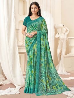 Akhilam - Green Printed Georgette Saree with Unstitched Blouse