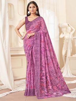 Akhilam - Pink Printed Georgette Saree with Unstitched Blouse