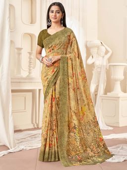 Akhilam - Yellow Printed Georgette Saree with Unstitched Blouse