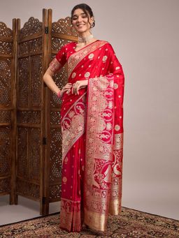 Akhilam - Red Woven Satin Saree with Unstitched Blouse