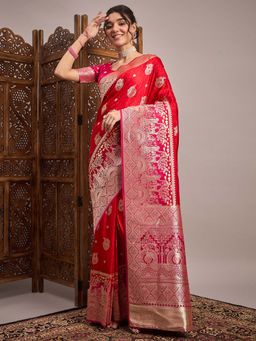 Akhilam - Red Woven Satin Saree with Unstitched Blouse
