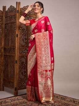 Akhilam - Pink Woven Satin Saree with Unstitched Blouse