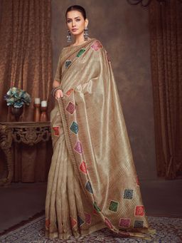 Akhilam - Beige Printed Cotton Silk Saree with Unstitched Blouse