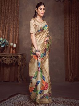 Akhilam - Beige Printed Cotton Silk Saree with Unstitched Blouse