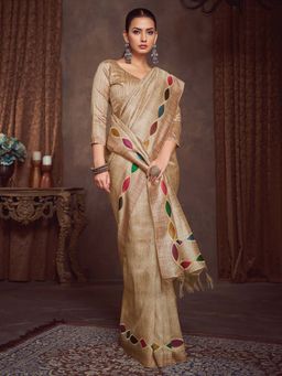 Akhilam - Beige Printed Cotton Silk Saree with Unstitched Blouse