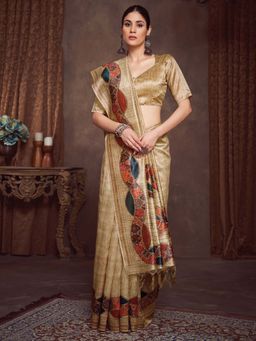 Akhilam - Beige Printed Cotton Silk Saree with Unstitched Blouse
