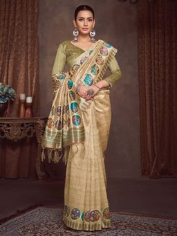 Akhilam - Beige Printed Cotton Silk Saree with Unstitched Blouse