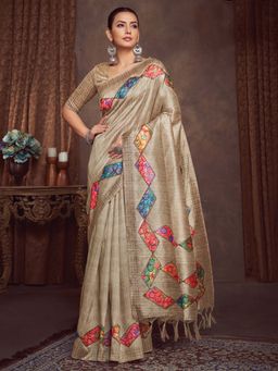 Akhilam - Beige Printed Cotton Silk Saree with Unstitched Blouse