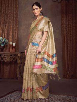 Akhilam - Beige Printed Cotton Silk Saree with Unstitched Blouse