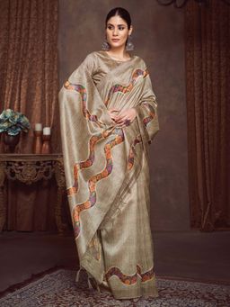 Akhilam - Beige Printed Cotton Silk Saree with Unstitched Blouse