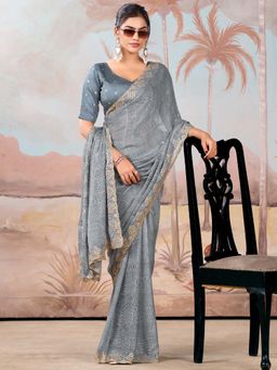 Akhilam - Grey Printed Chiffon Saree with Unstitched Blouse
