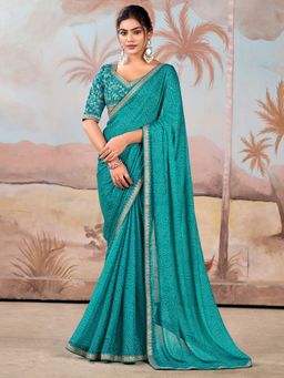 Akhilam - Blue Printed Chiffon Saree with Unstitched Blouse