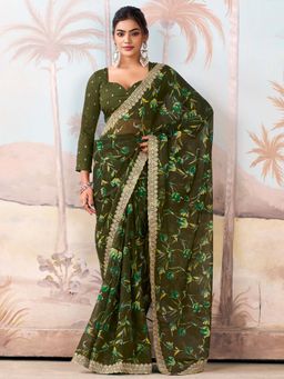 Akhilam - Olive Printed Chiffon Saree with Unstitched Blouse