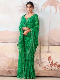 Akhilam - Green Printed Chiffon Saree with Unstitched Blouse