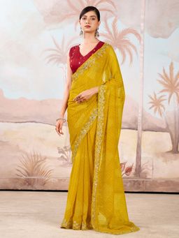 Akhilam - Mustard Printed Chiffon Saree with Unstitched Blouse
