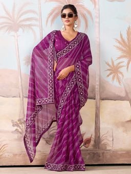 Akhilam - Purple Printed Chiffon Saree with Unstitched Blouse