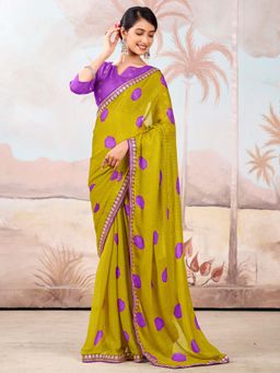 Akhilam - Olive Printed Chiffon Saree with Unstitched Blouse