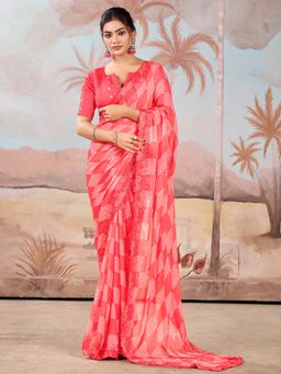 Akhilam - Pink Printed Chiffon Saree with Unstitched Blouse