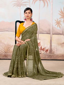Akhilam - Olive Printed Chiffon Saree with Unstitched Blouse