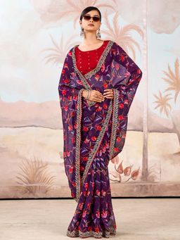 Akhilam - Purple Printed Chiffon Saree with Unstitched Blouse
