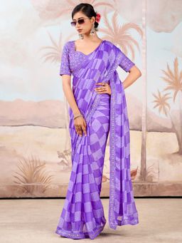 Akhilam - Lavender Printed Chiffon Saree with Unstitched Blouse