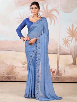 Akhilam - Blue Printed Chiffon Saree with Unstitched Blouse