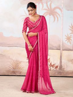 Akhilam - Pink Printed Chiffon Saree with Unstitched Blouse