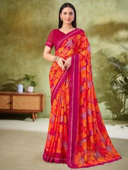 Akhilam - Orange Printed Chiffon Saree with Unstitched Blouse
