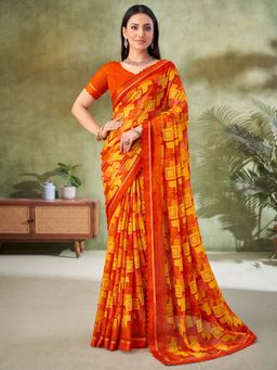 Akhilam - Orange Printed Chiffon Saree with Unstitched Blouse